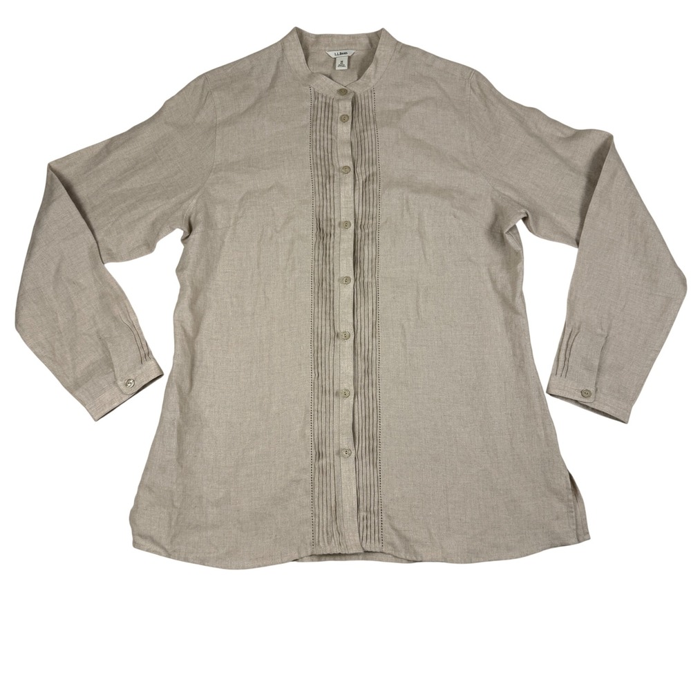 Vintage LL Bean Womens 100% Linen Pintuck Band Collar Tunic Oatmeal Beige Size M
